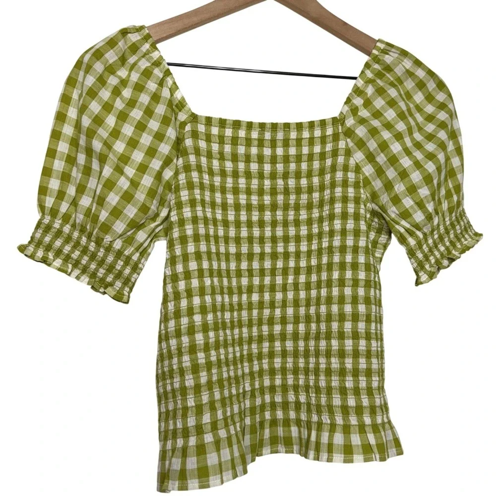Madewell Cottagecore Green Gingham Smocked Puff Sleeve Square Neck Top XS Ruffle - Picture 4 of 9